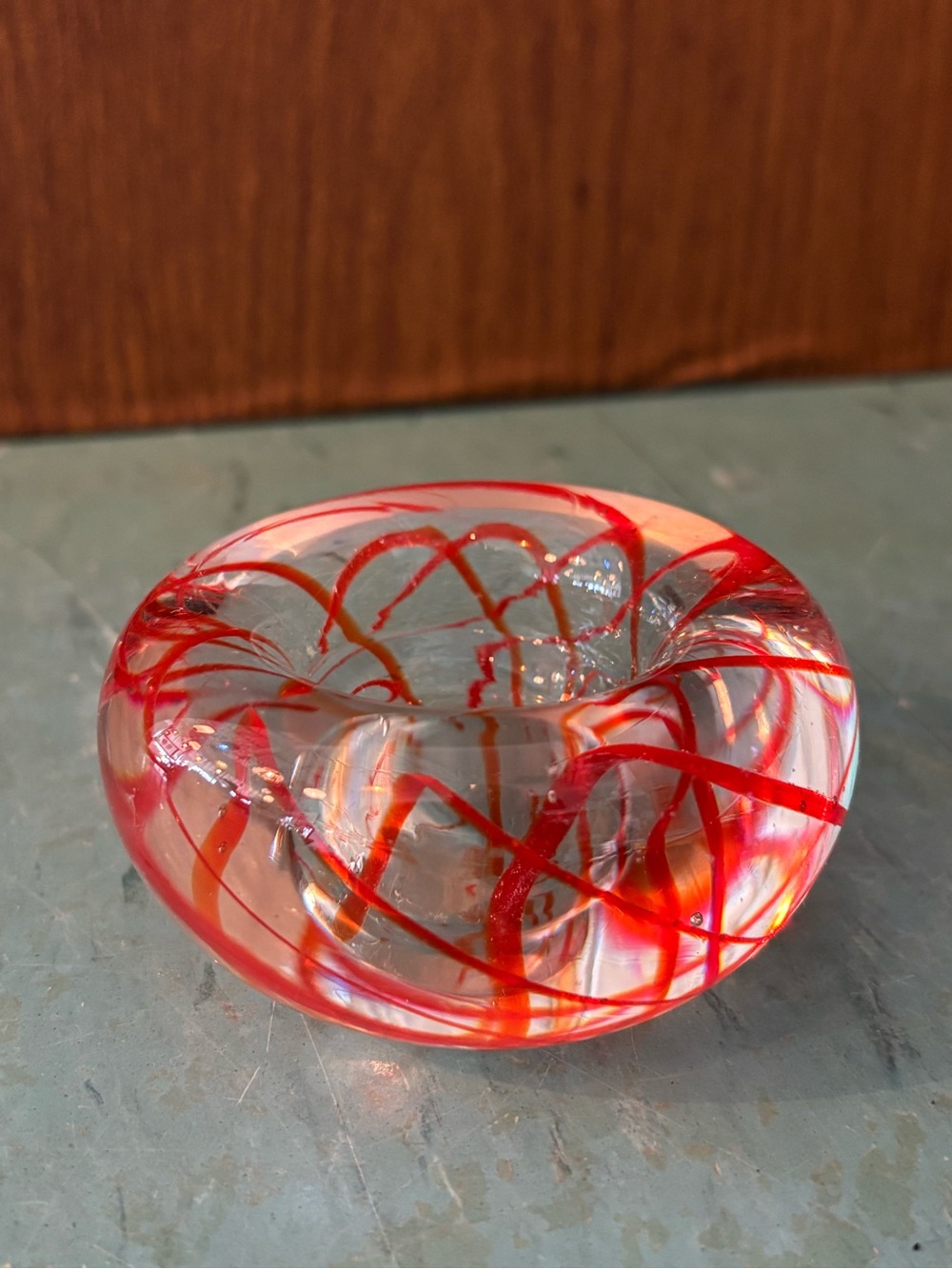 Vintage blown glass small Taper candle holder red peppermint swirl dish